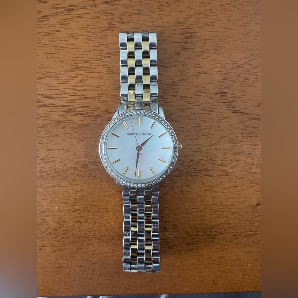 Michael Kors Silver and Gold Watch with Crystal Bezel